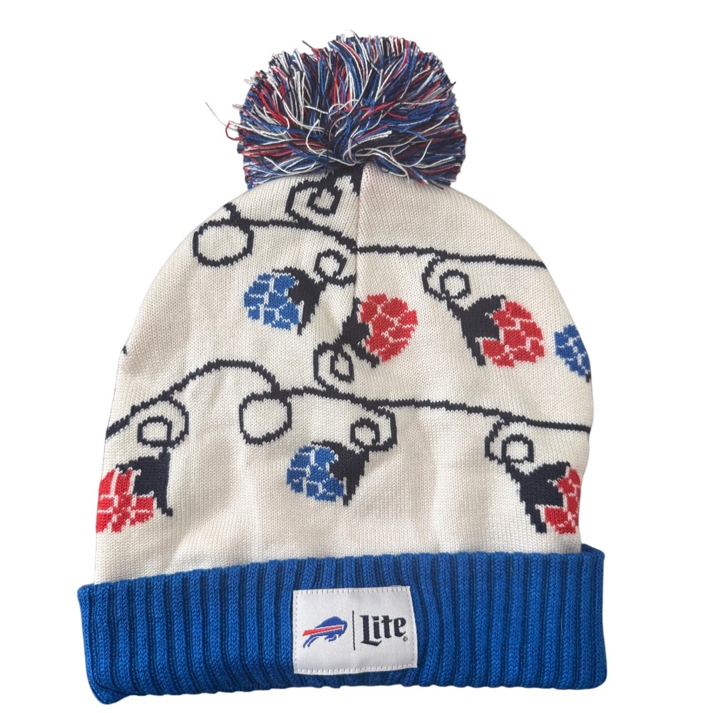 Miller Lite Buffalo Bills Knit Pom Beanie Hat Holiday Hops Blue Red White OSFM